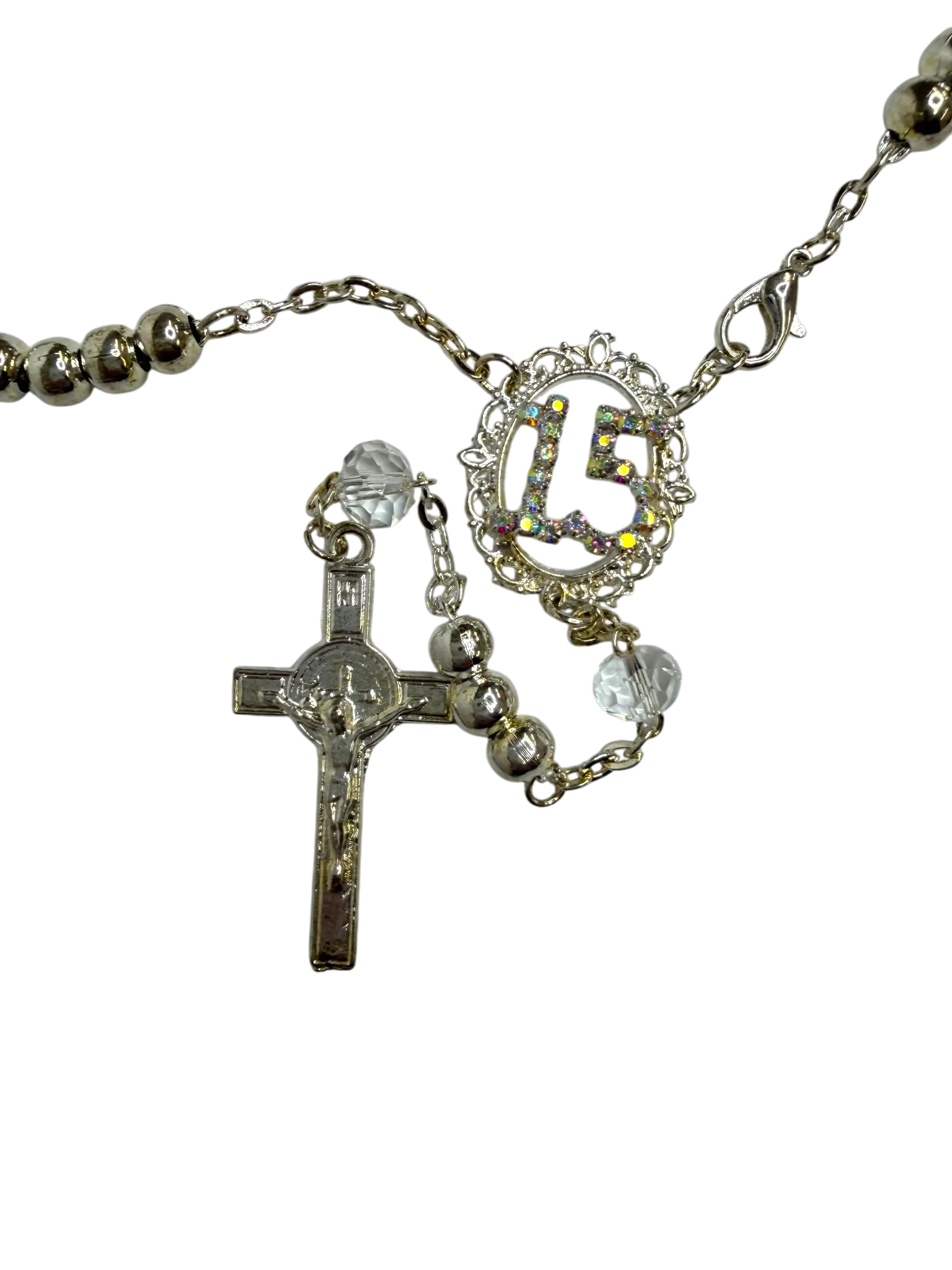 Silver Quinceañera 15 Rosary with Crystal Accents