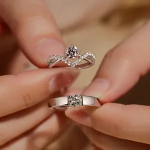 High-End Couple Moissanite Diamond Couple Rings S925 Sterling Silver Crown Ring Wedding Gift Adjustable