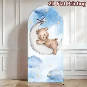 Oh Baby Teddy Bear Arch Backdrop with Silver Moon, Bow Accent, Clouds and Stars for Baby Shower, Newborn Celebration & Birthday Party Photography Backgrounds