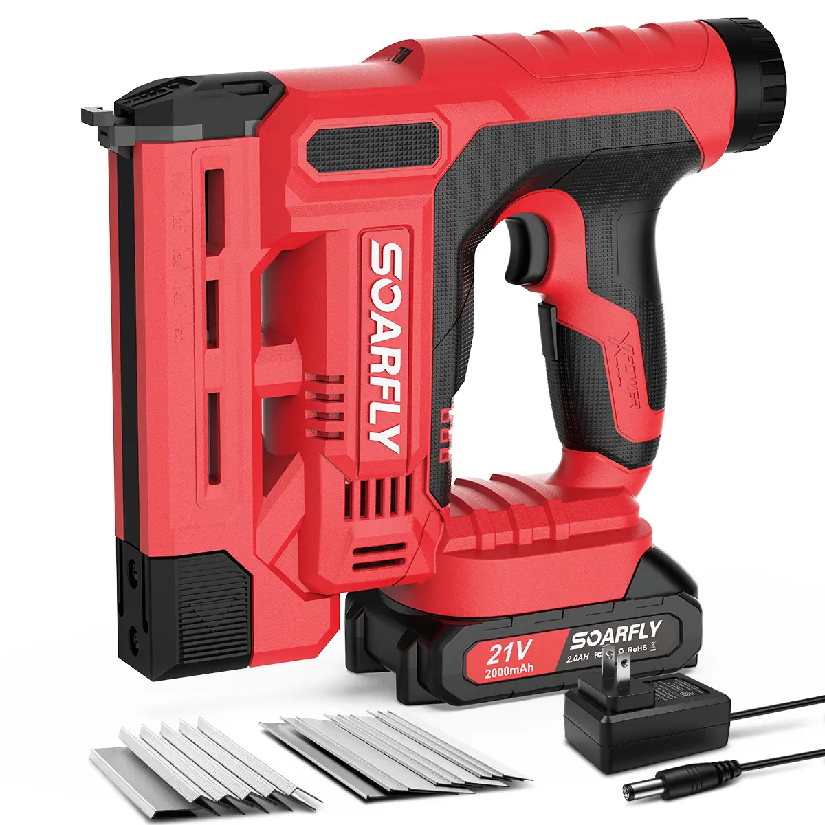 SOARFLY 2 in 1 Cordless Brad Nailer/Staple Gun with 2.0Ah Battery and Charger, Led Light, 1000pcs Nails and 500pcs Staples Included for Home Improvement & Woodworking