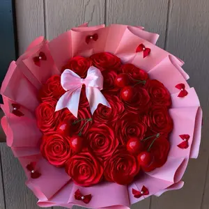 Cherry Roses in Pink Paper with White Bow and Heart Accents
