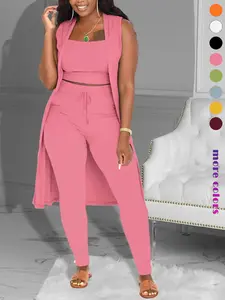 Three-Piece Set Women's Solid Crop Tank Top & Tie Front Pants & Open Front Outerwear Set, Casual Cropped Top & High Waist Trousers & Outerwear, Ladies Clothes for Daily Wear