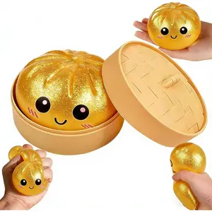 Dumpling Squishy,Dumpling Squishy Mystery Box,Glitter Sensory Fidget Balls Stress Relief Hand Toy for Adults & Teens,Easter BasketStuffers with Mini Food Steamer Stretchy Desk Toys