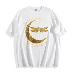 Golden Dragonfly Moon Design Unisex T-Shirt Hello Darkness My Old Friend Boho Mystical Aesthetic Summer Fall Wear Perfect Gift For Nature Lovers And Dreamers