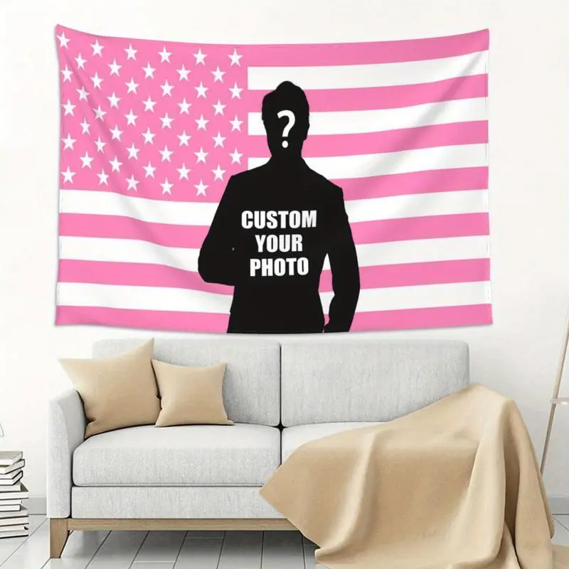 Custom Pink American Flag Custom Print Tapestry - 1pc with Uploadable Image/Text/Logo, Backdrop Tapestry, Bedroom Decor Aesthetic Hanging Wall Art, Home & Outdoor Decoration Items