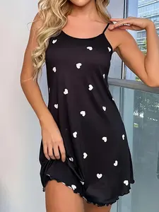 Women's Heart Print Cami Nightdress, Casual Soft Comfortable Sleeveless Spaghetti Strap Nightgown for All Seasons, Lady's Sleepwear for Indoor Wear, Womenswear, Lounge Dresses