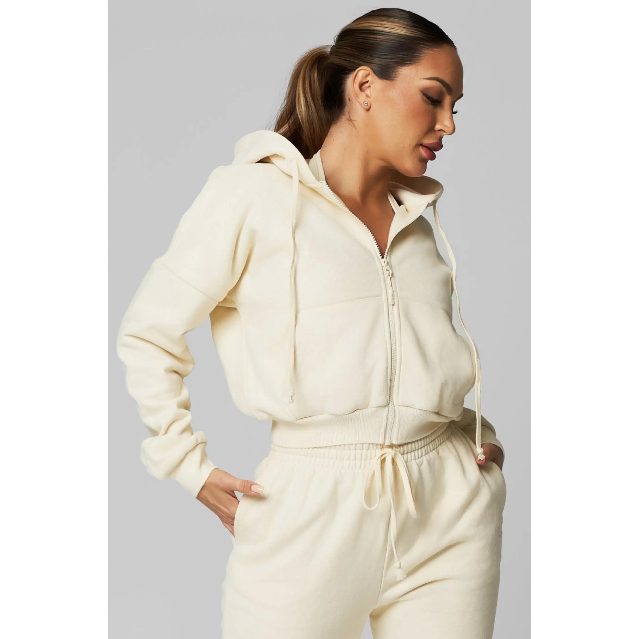 Cream Heavy Cotton Cropped Full Zip Jacket