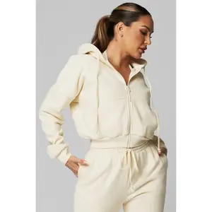 Cream Heavy Cotton Cropped Full Zip Jacket