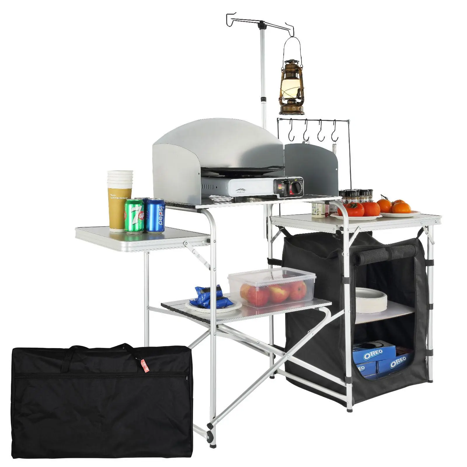 【Summerfinds】VEVOR Camping Kitchen Table, Folding Outdoor Cooking Table with Storage Carrying Bag, Aluminum Cook Station 1 Cupboard & Detachable Windscreen, Quick Set-up for Picnics, BBQ, RV Traveling, Black