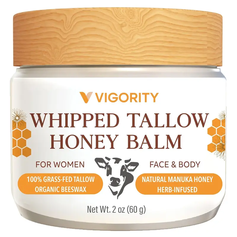 Vigority Women’s Organic Grass-Fed Whipped Beef Tallow Face Moisturizer with Manuka Honey, Beeswax & Olive Oil, 2 oz, Unscented