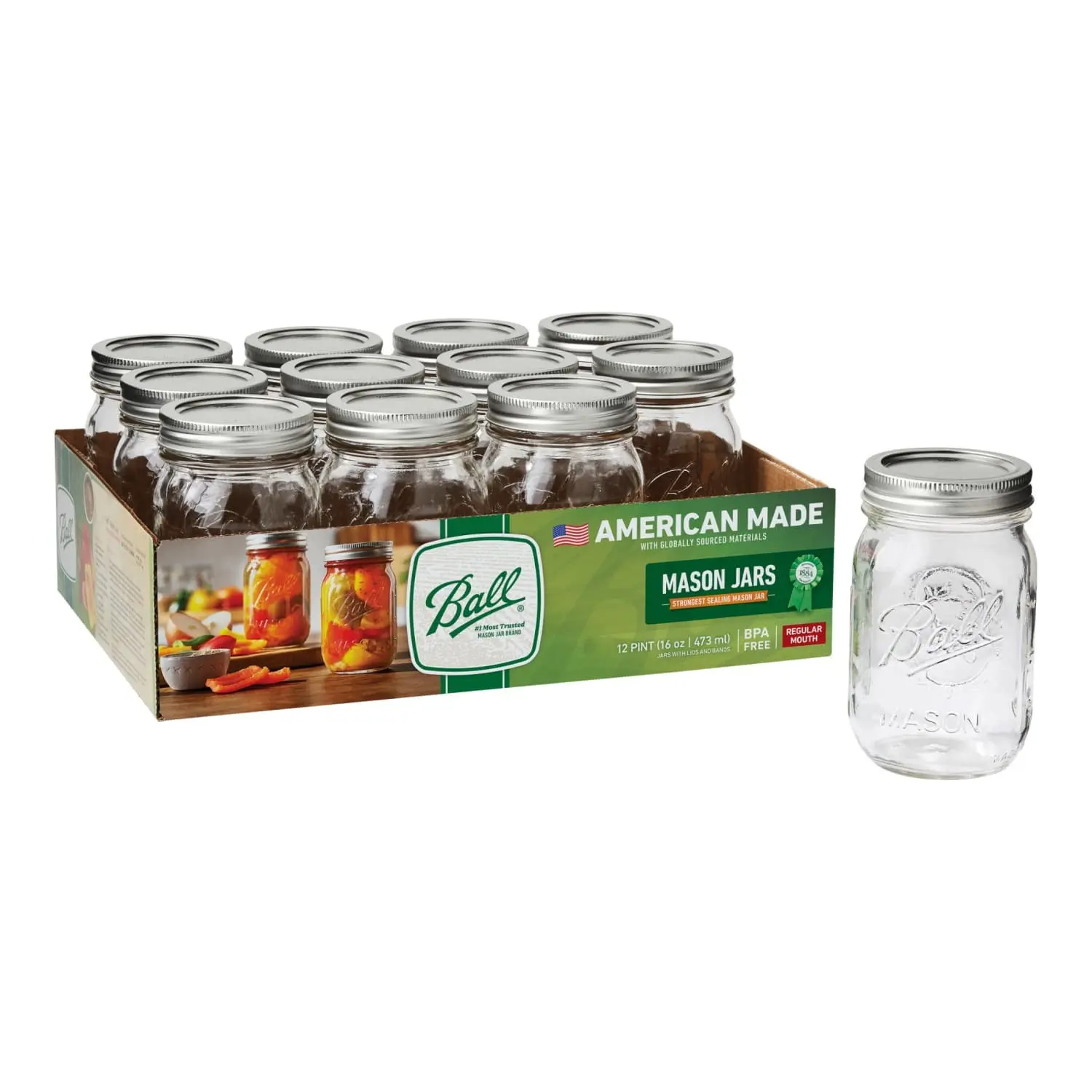 16 oz Regular Mouth Glass Mason Jars with Lids and Bands, 12-Pack Pint Canning Jars for Food Storage, Pantry Organization and Crafts