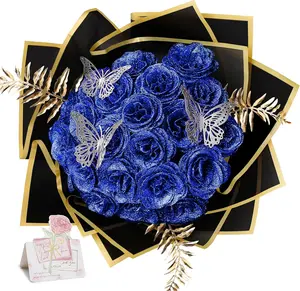 Glitter Roses - Royal Blue Glitter Rose Bouquet Shiny Everlasting Artificial Flowers for DIY Crafts Gifts Birthday Graduation Engagement Valentines Anniversary, 24 Roses