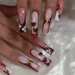 24pcs Long Square Nail Tips, Valentine's Day Edge Heart Design, Handmade Detachable Nails with Jelly Glue and File