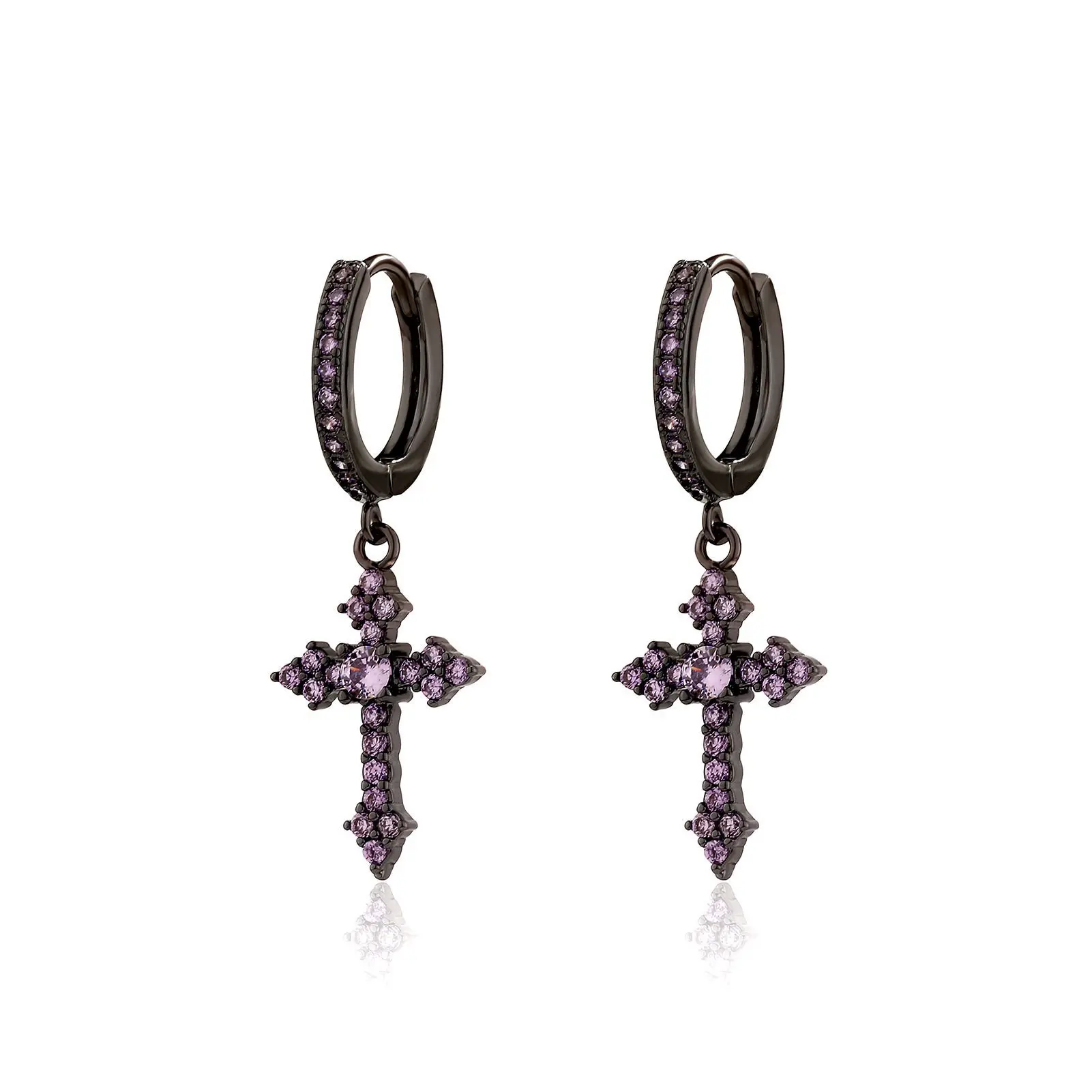 Large Rhombus Cross Earrings (Black Purple Zircon)