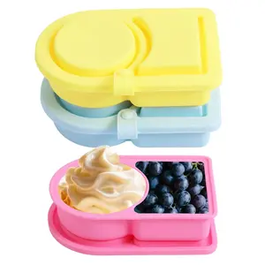 Back to School 3 Pack Silicone Reusable Snack Containers with Lids with Portable Size for School for Kids Double Compartment Snackle Box Containers,Salad Dressing Sauce Seasoning Container, Small Mini Food Snack Boxs for School,Travel, Office, Picnic