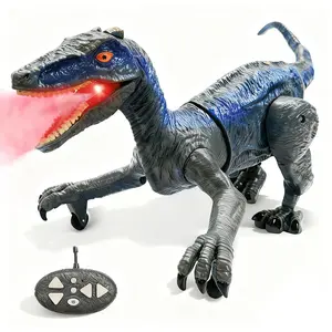2.4g Remote Control Simulation Velociraptor Toy, Spray Mouth with Cool Lights, Roar, Body Swinging, Crawling, Interactive Robot Gift for Kids