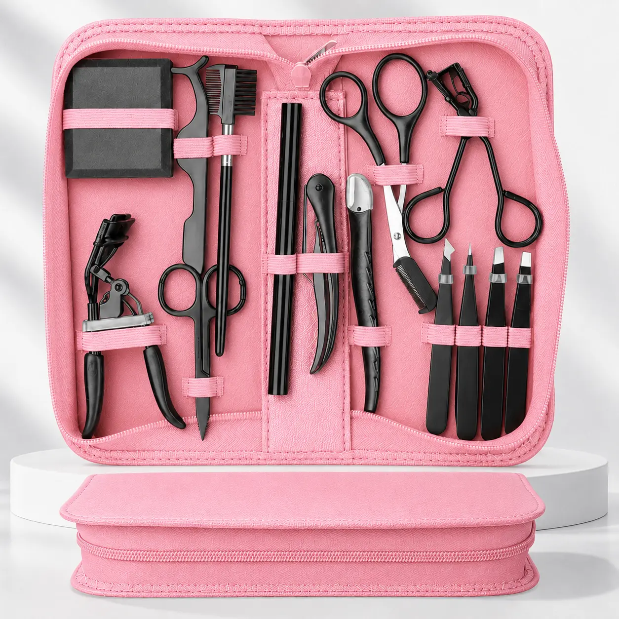14PCS Compact Stainless Steel Eyebrow Trimming Kit - Black Makeup Tools with Tweezers, Scissors, Comb, Precision Shaping Set, Storage, Plastic-Infused Components for Adults' Daily Use