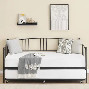 Black Daybed with Trundle – Sturdy Metal Day Bed with Steel Slat Support, Twin Trundle Bed with Arched Headboard, Sofa Bed for Living Room, Bedroom and Guest Room.