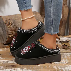 Women's Winter Platform Slippers Christmas Santa Design Fleece Lined Mules Comfortable Holiday Indoor Outdoor Shoes