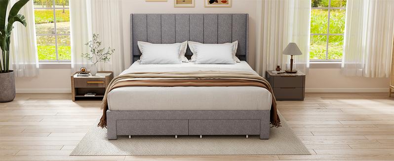 Upholstered Bed Frames With 2 Storage Drawers，Channel Tufted Headboard,Fabric Wrapped Legs,Elegant Platform Bed With Ample Underbed Storage