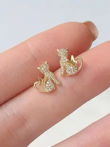 Cute Cat Design Stud Earrings, Fashionable Rhinestone Decorated Earrings for Women & Girls, Trendy All-match & Exquisite Jewelry for Birthday Gift, Studs Earrings