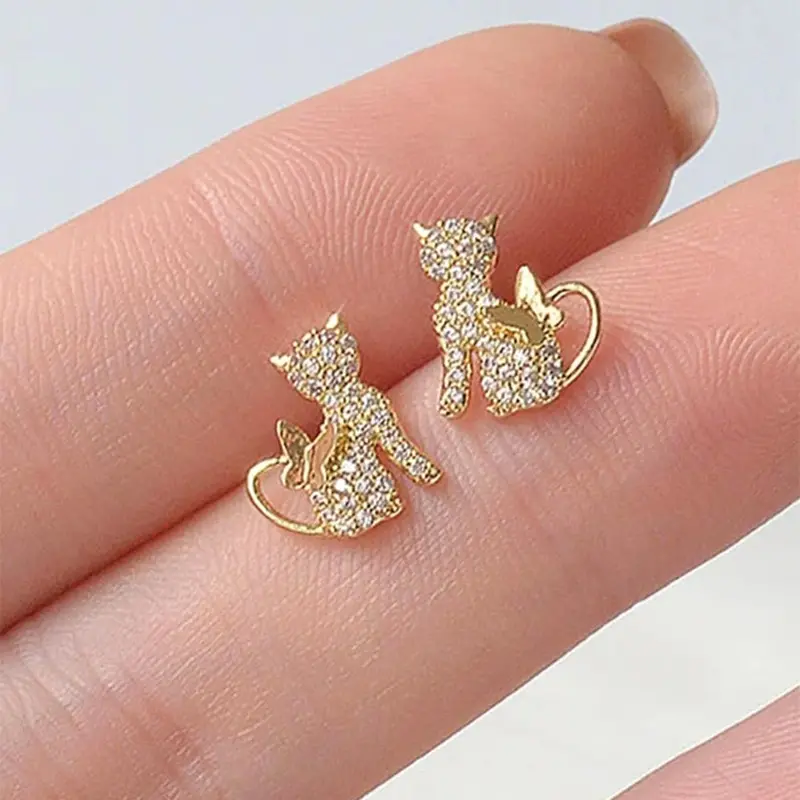 Cute Cat Design Stud Embellished Earrings, Fashionable Rhinestone Decorated Earrings for Women & Girls, Trendy All-match & Exquisite Jewelry for Birthday Gift, Dainty Fashion Jewelry, Studs Earrings, Good Earrings