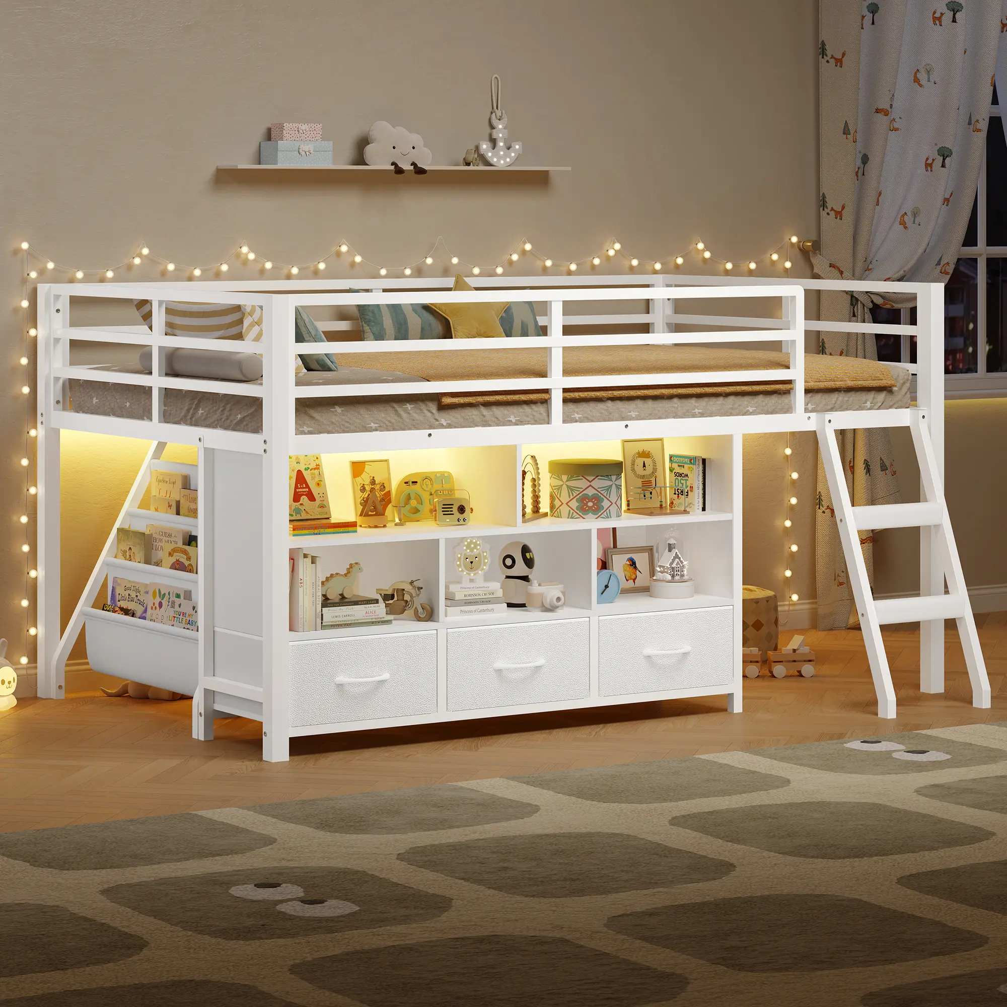 ADORNEVE Twin Size Low LED Loft Cubby Bed with Steel Twin Bed Frame, 5 Open Cubbies, 3-Tier Bookshelf, 3 Fabric Drawers, Full-Length Guardrail - Modern Indoor Furniture,familyfun
