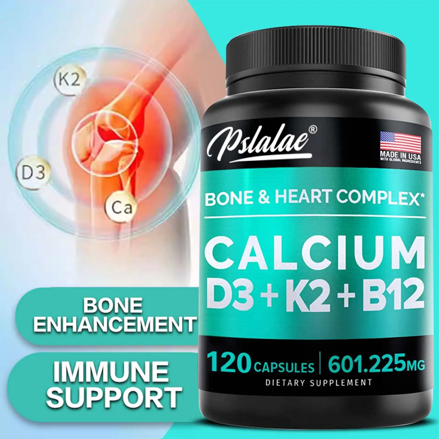 Pslalae 4-in-1 Calcium 600 mg with Vitamin D3 K2 B12 - 120 Capsules