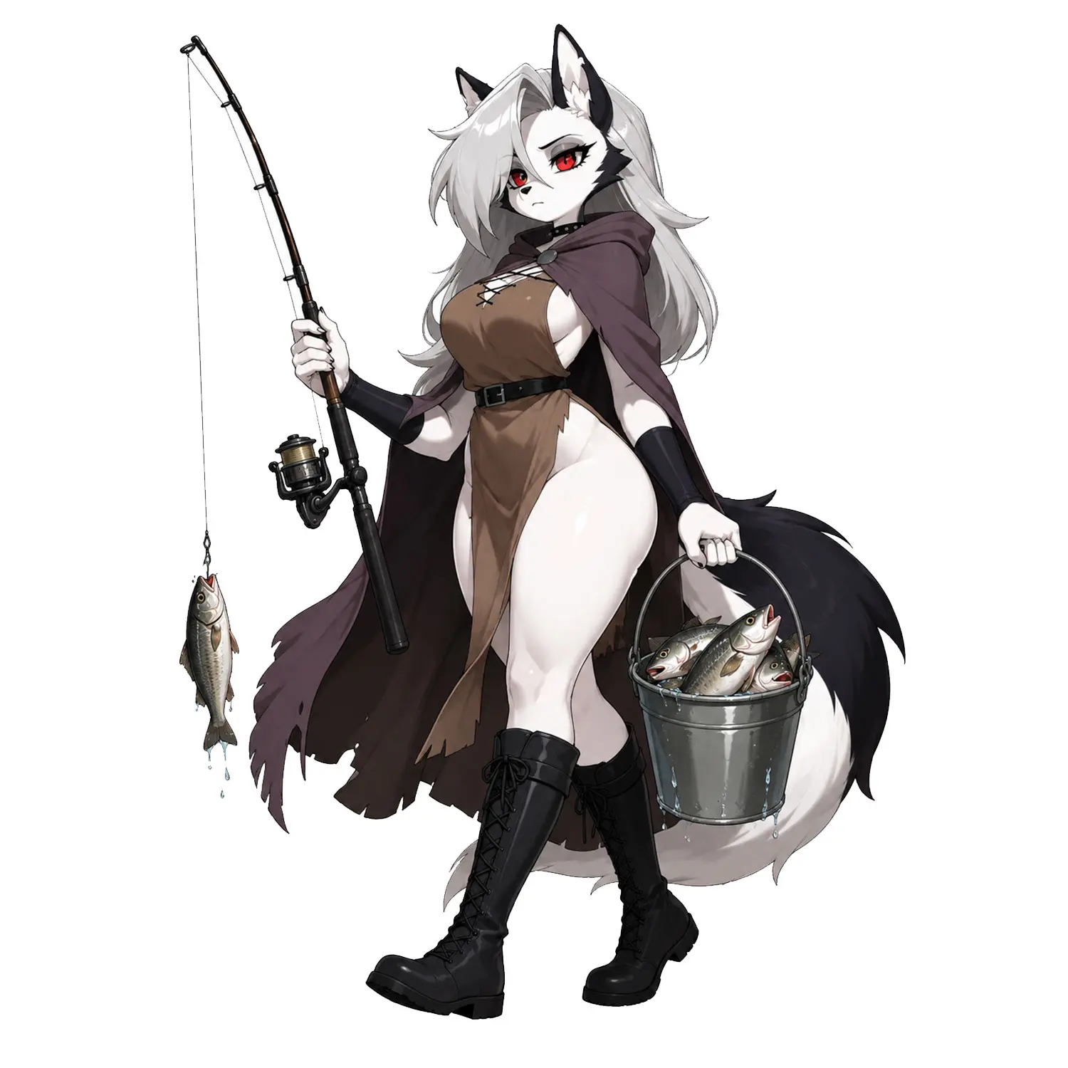 Fantasy Wolf Fishing Sticker, Silver-Haired Huntress Holding Fishing Rod and Fresh Catch Bucket, Outdoor Angler Decal for Laptop, Tumbler, Car or Gear