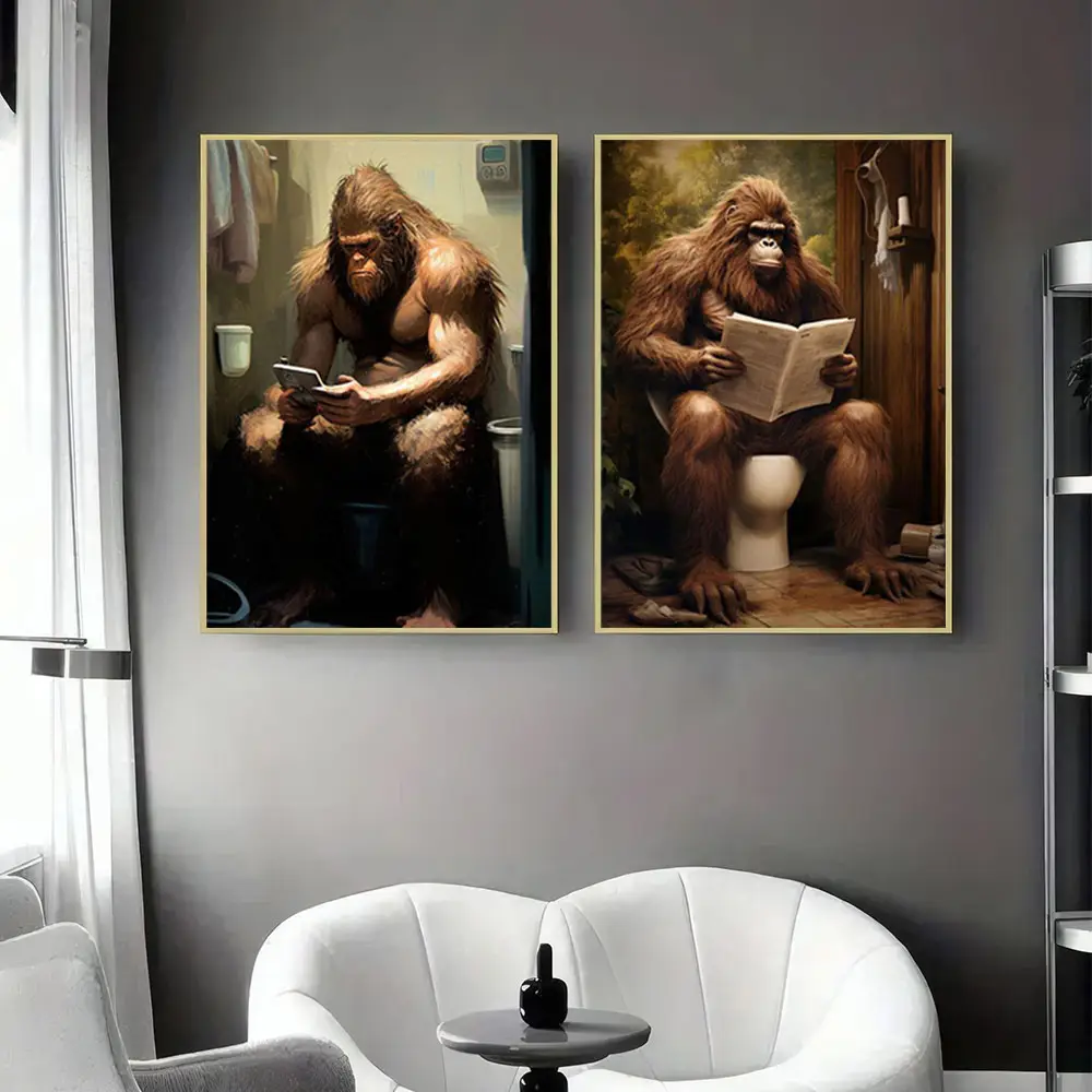 Sasquatch Reading Newspaper on Toilet Pattern Unframed Painting, 1 Count Modern Creative Wall Art Poster, Home Decor for Living Room Bedroom Office