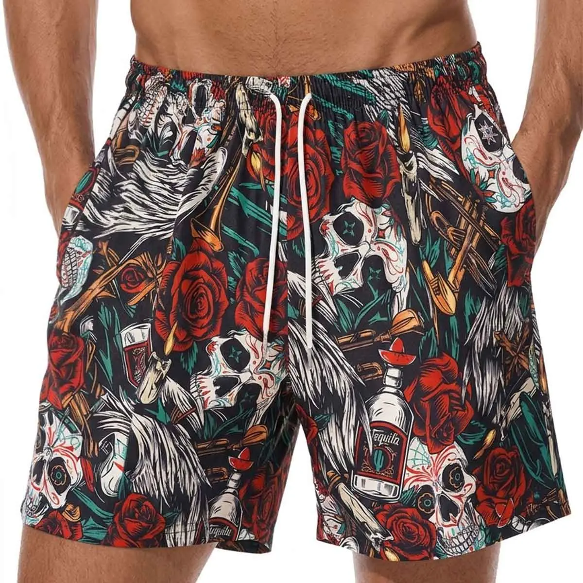 Men's Vivid Artistic Skull Rose Full-Print Menswear Elastane Shorts, Loose Tie-Up Elastic Drawstring Waist, Side Pockets, Breathable Lightweight, for Beach, Daily Wear, Elastane Men's Shorts