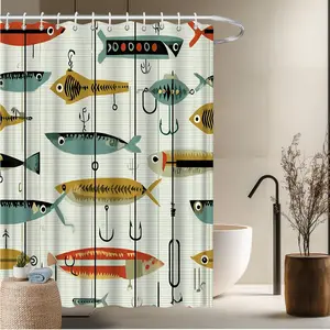 1pc Animal Theme Bath Curtain-2D Flat Colorful Fish Group and Hook Pattern Print Shower Curtain Home Decoration Bathroom Decor 70.8x70.8 inches