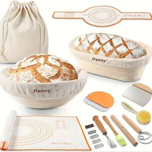 9-inch round and 10-inch oval bread proofing baskets with linings - Natural rattan proofing set with marking tools and linen lining, suitable for artisanal bread making and holiday baking - durable