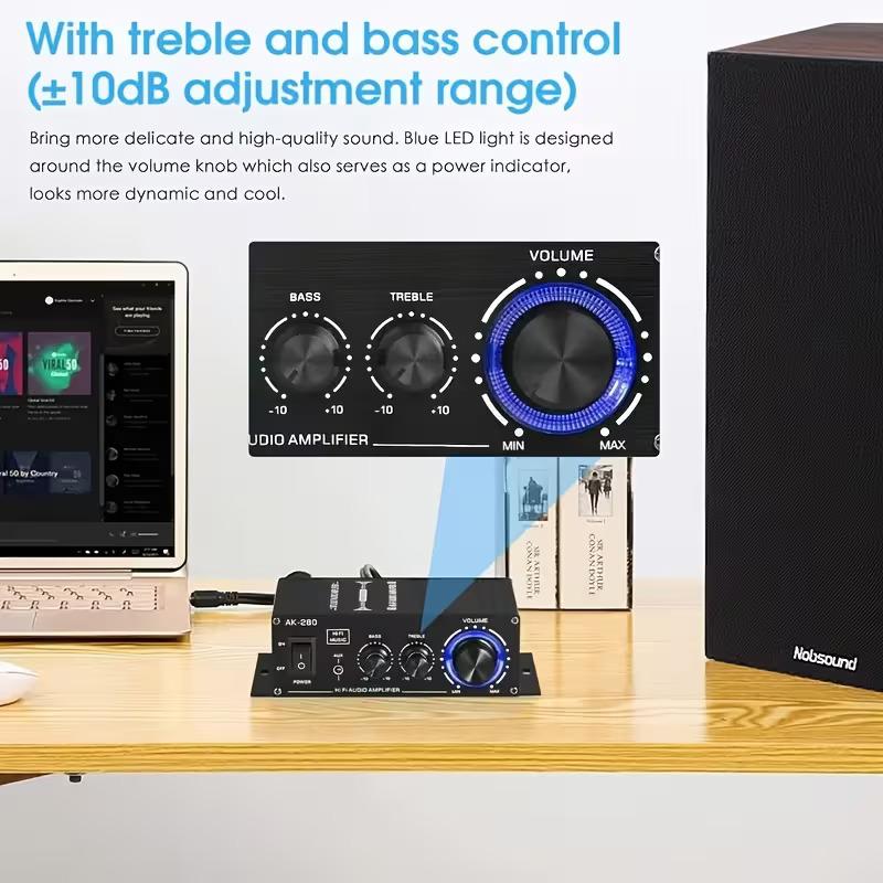 AK280 Mini 2.0-Channel Audio Amplifier with Bass & Treble Controls for Cars Homes & Garages Compact Music Player Enhance Your Audio Experience