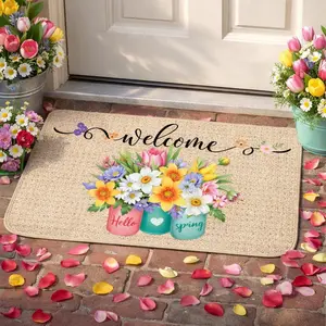 Spring Welcome Mats Hello Spring Floral Door Mat Colorful  Flower Rug Indoor Entrance Cute Decorative Outdoor Doormats Non Slip Outside Rug for Front Door, 16" x 28"