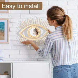 New 1pc Hanging Rattan Mirror Decorative Eye Mirror Handmade Eye Mirror Wall Decor Aesthetic Evil Eye Wall Mirror Vintage Portable Eye Shape Rattan Mirror Decor Evil Eye Wall Art for Living Room Bedroom Decoration Glass