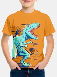 Kids' 3D Digital Print Short Sleeve T-Shirt, Unisex Dinosaur Pattern, Casual Round Neck Top, Cute Toddler Clothing, Graphic Printed Shirt, All Seasons
