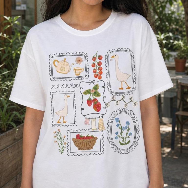 Women's 100% Cotton Short-Sleeve Crew Neck Loose Drop Shoulders Cottagecore Graphic Top - Botanical Frames, Goose Strawberry Print, Casual Wear Everyday T-Shirt