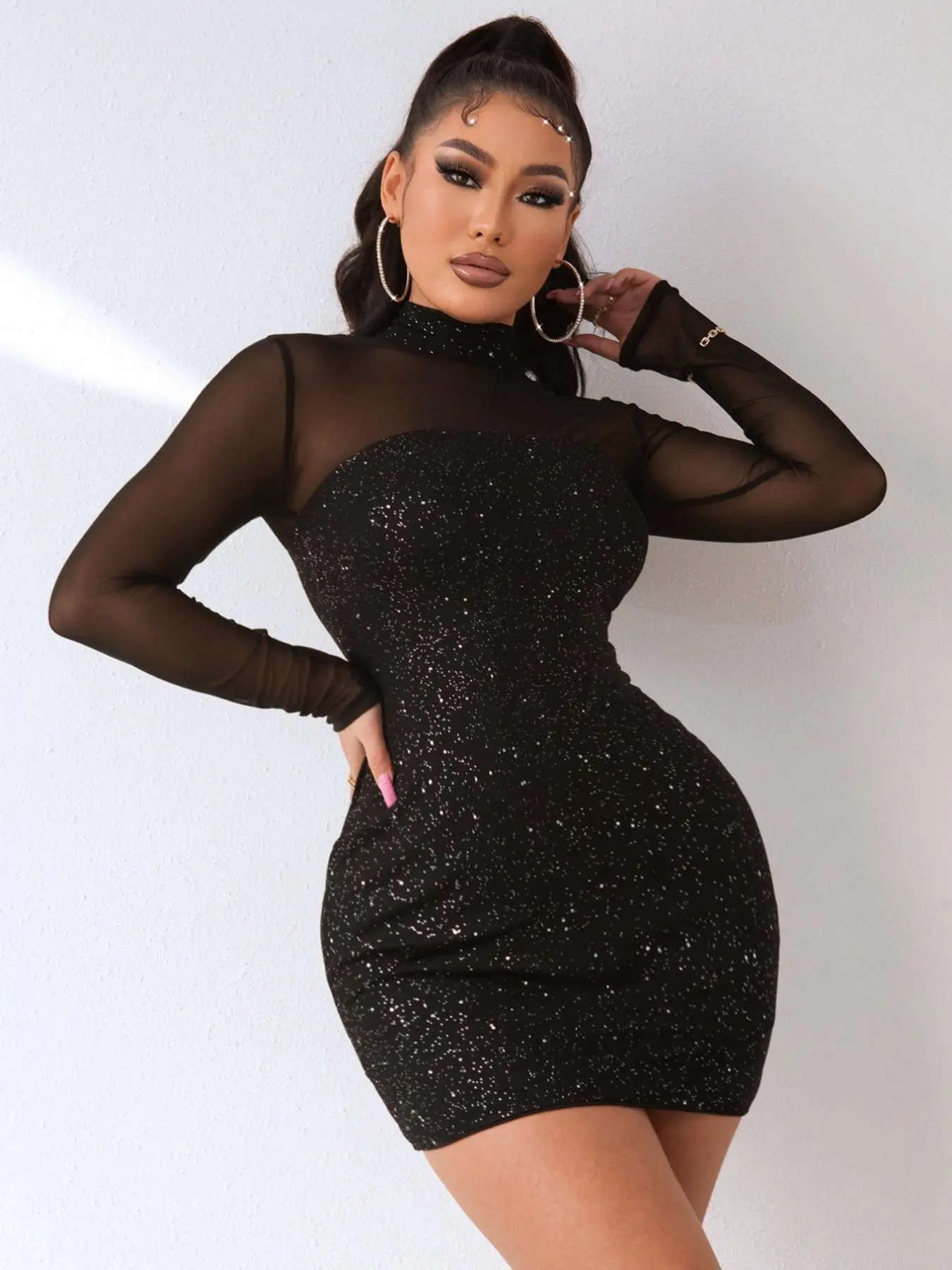 Women's Glitter Contrast Mesh Bodycon Dress, Elegant Long Sleeve Stand Collar Mini Dress for Party Club Dating, Women's Clothing for Summer, Womenswear
