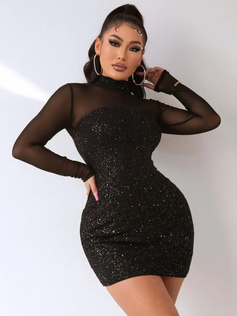 mesh bodycon long sleeve dress sparkly - TikTok Shop