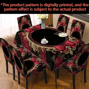 JIT, 2D Flat, New Tablecloth and Chair Cover Set (Combination of Tablecloth and Chair Covers), Home Dining Chair Cover Decoration, Retro Style Digital Printing, Suitable for Home Decoration in Restaurants, Living Rooms, Hotels and Other Places.