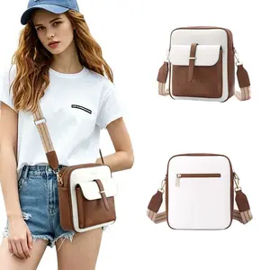 1pc Women's Color Block PU Leather Messenger Bag Adjustable Ethnic Wide Strap Crossbody Bag With Front Magnetic Pocket and Back Zipper Pocket Commute Travel Trendy Phone Organizer Bag