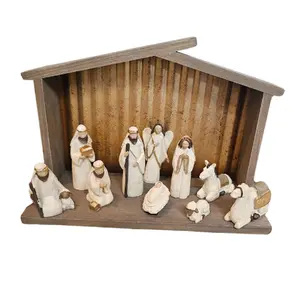 12-Piece Resin Nativity Set with Distressed White and Gold Trim with Holy Family, Angel – Wooden Creche with Tin Accents | Hand-Carved Look