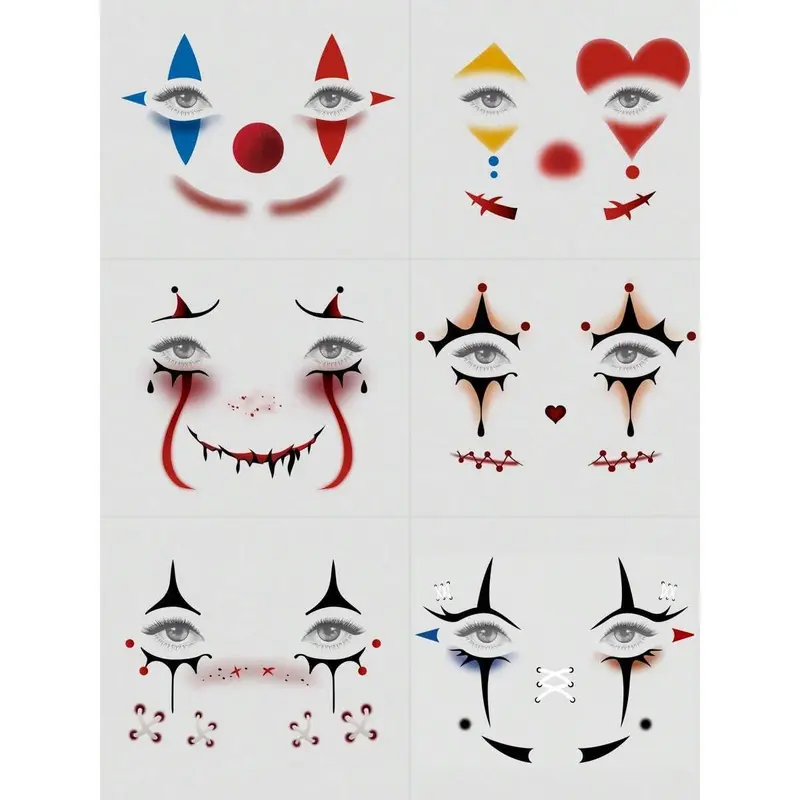 6 Sheets Gothic Clown Face Tattoo Waterproof Halloween Temporary ...