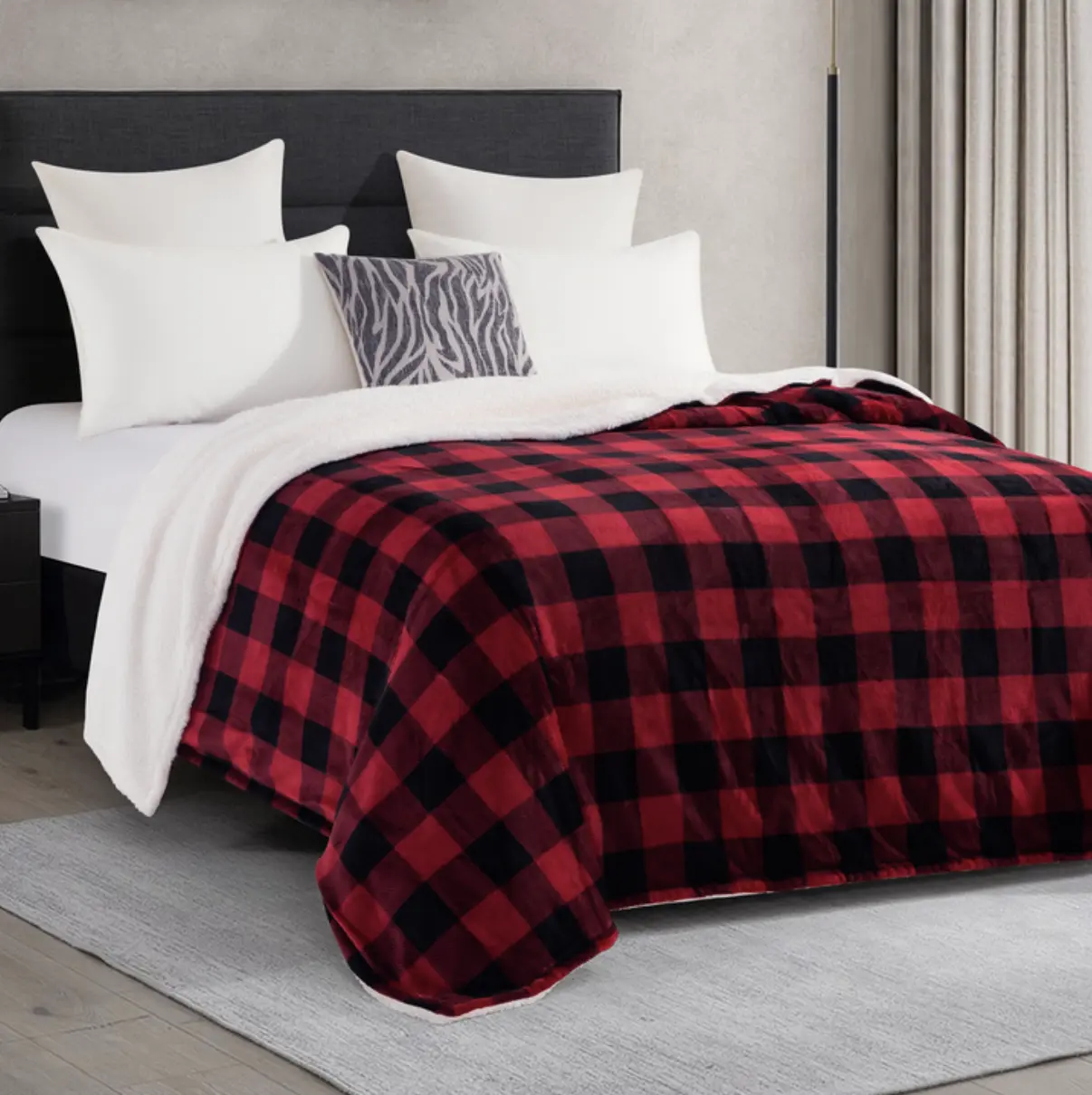 Mocassin Buffalo Plaid Flannel Fleece Sherpa Throw Blanket, Cobijas para Cama para el Frio - Soft Warm Bedding Throw for Cold Weather