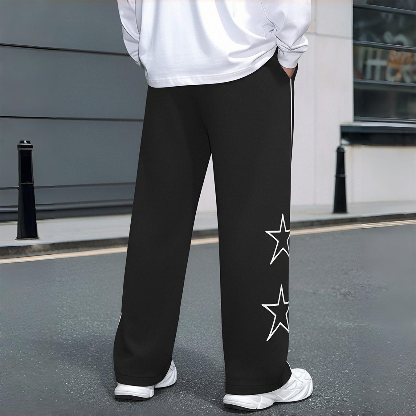 Men’s star print wide-leg track pants, drawstring streetwear sweatpants with contrast stitching, casual loose athletic bottoms for everyday wear