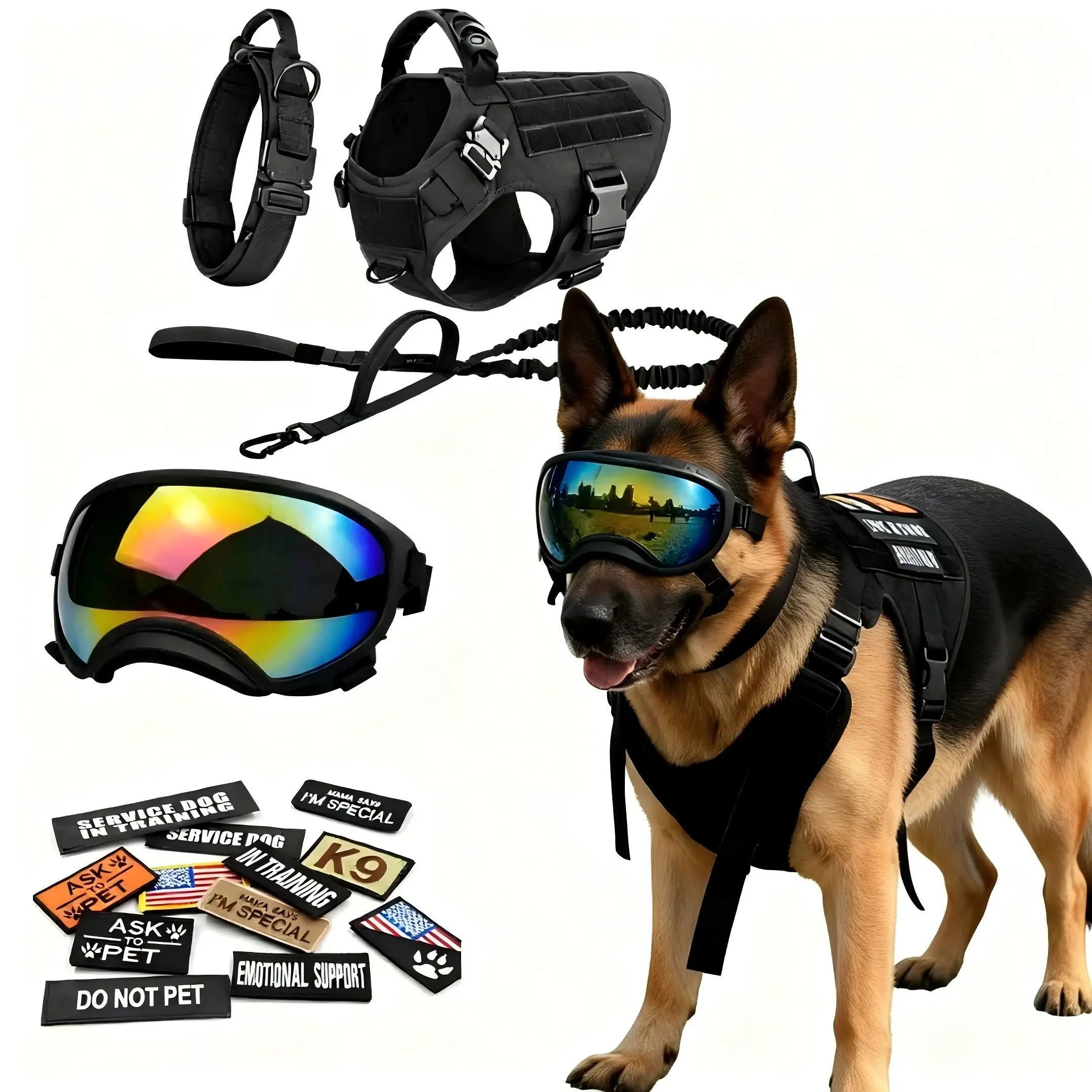 5-in-1 Dog Harness Leash Collar Goggles Set with 12 patches for Medium to Large Dogs, Heavy Duty Adjustable Dog Vest with Handle, Outdoor Walking Gear Kit #SummerWins#DealsForYouDays