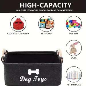 Durable Felt Pet Toy Storage Box - Polyester, Dog/Cat Laundry Hamper for Toys, Blankets, Leashes, and Food | Home Organizer with Handle, No Batteries Required, Blanket Basket