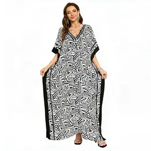 Plus Size Mumu Dresses for Women - Boho Batwing Sleeve Caftan with Side Slits, Long Moo Moo Nightgown & Beach Cover Up - Geo Black