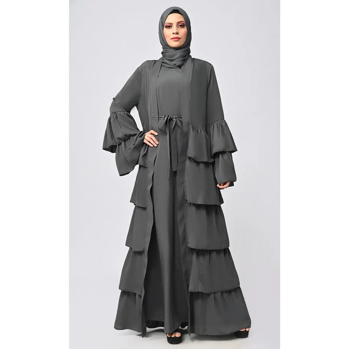 Graceful Layers: Grey Tiered Abaya Dress With Inner Lining
